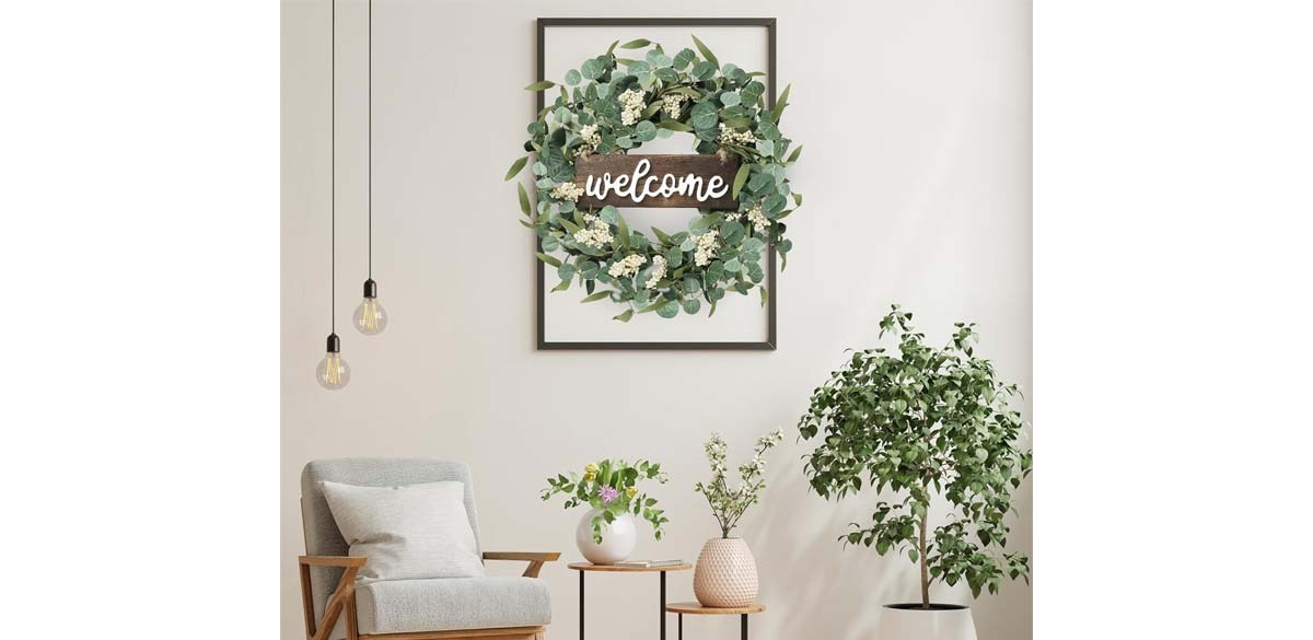 Sggvecsy Green Artificial Eucalyptus Wreath with Welcome Sign