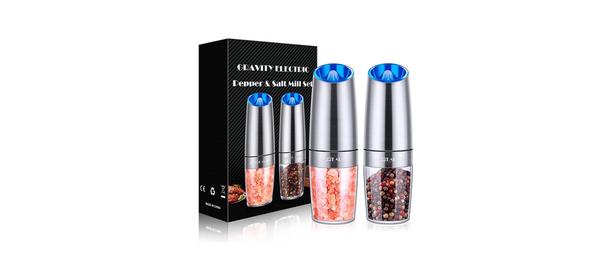 A set of 2 grinders, one with pink salt in it and one with black pepper in it