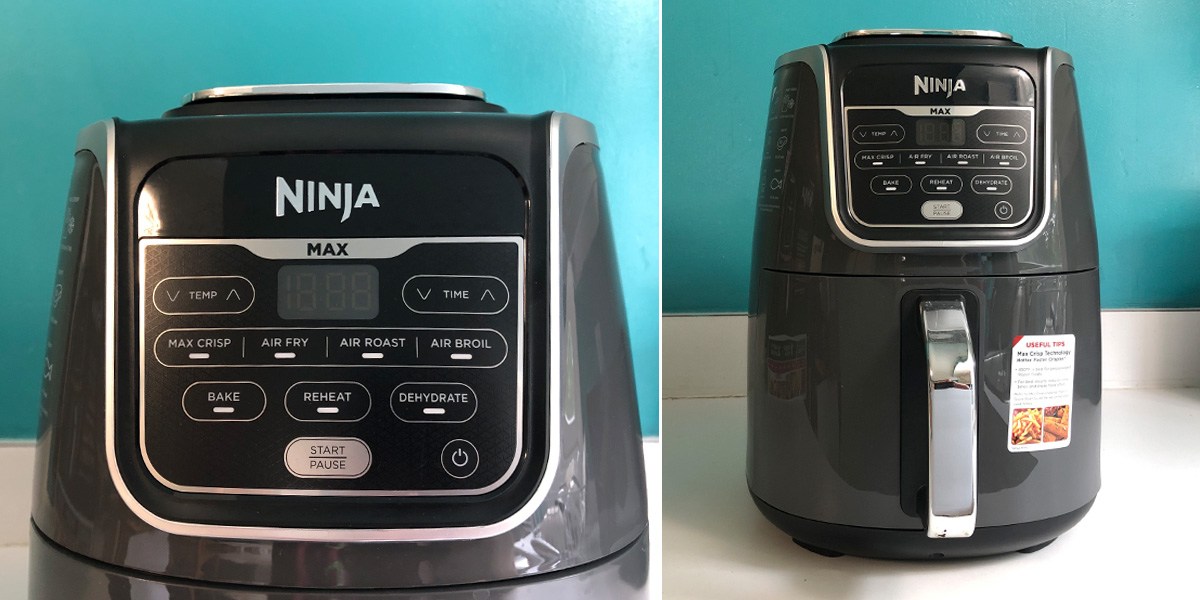 Collage with closeup of Ninja Air Fryer Max XL control panel on the left and image of Ninja Air Fryer Max XL on countertop on the right Collage with closeup of Ninja Air Fryer Max XL control panel on the left and image of Ninja Air Fryer Max XL on countertop on the right