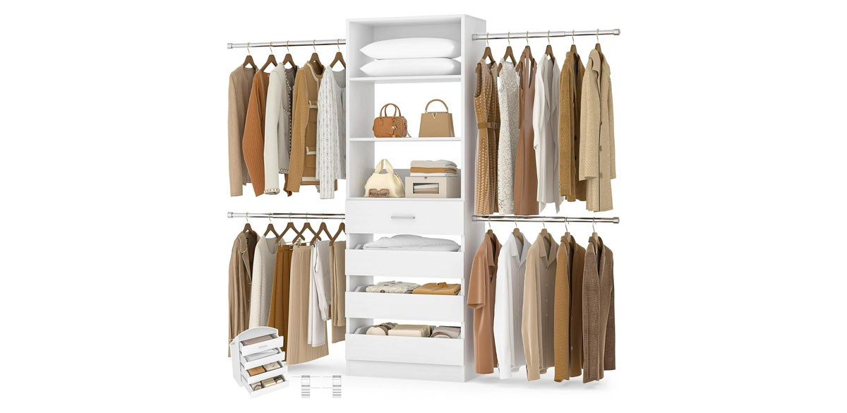 Homieasy 4-9 Ft Adjustable Wooden Closet Organizer System with 4 Drawers, 4 Hanging Rods &amp; Shelving Towers