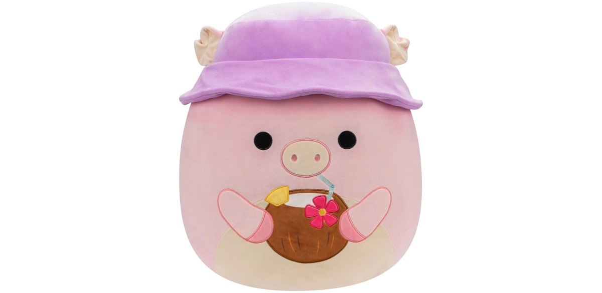 Squishmallows Original 20-Inch Peter Pig with Purple Bucket Hat and Coconut Drink