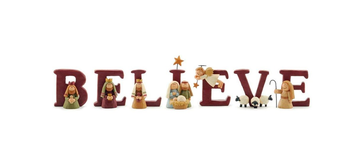 red letters spelling &quot;Believe&quot; with Nativity characters in front of them