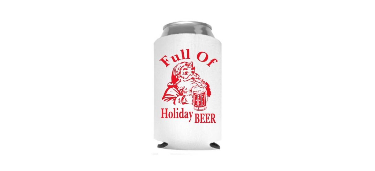 Daisy Lane Santa Beer Can Cooler with a picture of Santa on it, text on product: &quot;Full of holiday beer&quot;