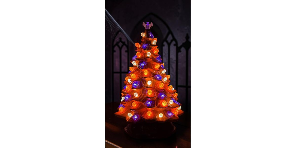 Ceramic Halloween Tree: Orange and Purple Lighted