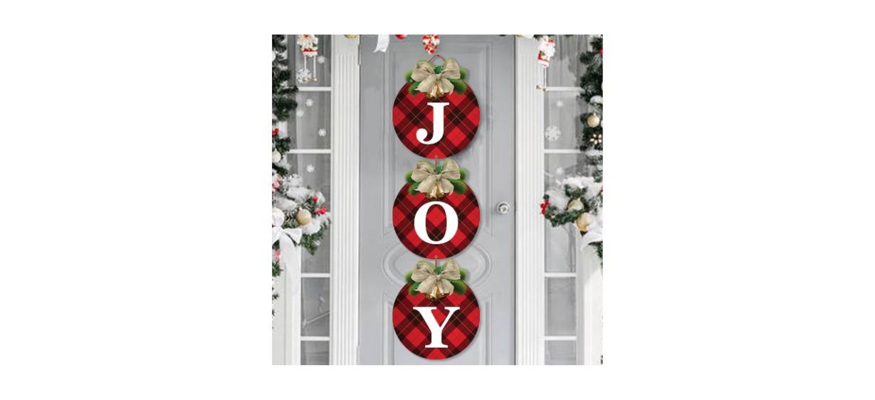OuMuaMua Buffalo Plaid Christmas Wreath 3-piece Door Hanger, making up a 3-piece red sign that spells out &quot;joy&quot;